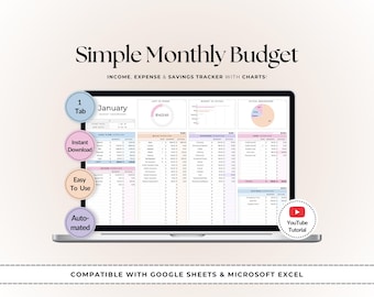 Einfache monatliche Budget Tabelle | Google Sheets & Excel Haushaltsplaner | Persönliche Buchhaltung | Ausgaben-Tracker