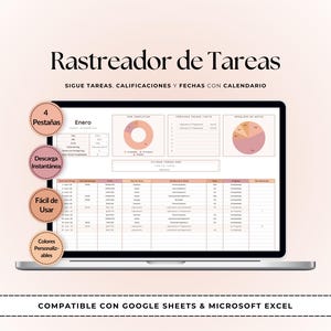 May include: A laptop screen shows a task tracker titled "Rastreador de Tareas." The interface includes charts and tables, with the text "Sigue Tareas, Calificaciones y Fechas con Calendario." Features include 4 tabs, instant download, easy to use, and customisable colours.