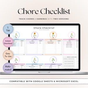 Chore Checklist | Google Sheets & Microsoft Excel | Family Task Tracker | Daily Chore Chart | Digital To-Do List | Earnings Reward Tracker