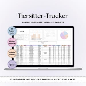 May include: A digital pet sitter tracker spreadsheet displayed on a laptop screen, featuring the text Tiersitter-Tracker, KUNDEN- & BUCHUNGS-TRACKER MIT KALENDER, and KOMPATIBEL MIT GOOGLE SHEETS & MICROSOFT EXCEL, with four circular badges listing features.