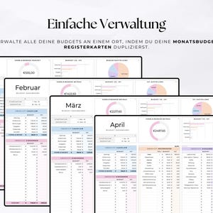 Puede incluir: Una plantilla digital de planificaci&oacute;n financiera con paneles de control de presupuesto mensuales para enero, febrero, marzo y abril. La plantilla incluye gr&aacute;ficos y tablas con datos financieros, y el texto "Einfache Verwaltung" est&aacute; en la parte superior.