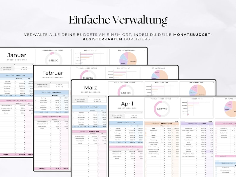 Puede incluir: Una plantilla digital de planificaci&oacute;n financiera con paneles de control de presupuesto mensuales para enero, febrero, marzo y abril. La plantilla incluye gr&aacute;ficos y tablas con datos financieros, y el texto "Einfache Verwaltung" est&aacute; en la parte superior.