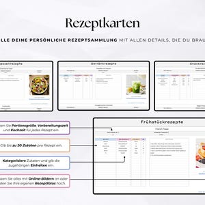 K&ouml;nnte beinhalten: Digitale Rezeptkarten mit Abschnitten f&uuml;r Mittagessen, Getr&auml;nke, Snacks und Fr&uuml;hst&uuml;cksrezepte. Die Karten erm&ouml;glichen es Benutzern, Portionsgr&ouml;&szlig;en, Vorbereitungs- und Kochzeiten einzugeben. Benutzer k&ouml;nnen bis zu 20 Zutaten pro Rezept hinzuf&uuml;gen.
