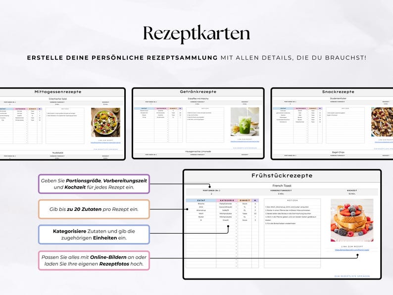 K&ouml;nnte beinhalten: Digitale Rezeptkarten mit Abschnitten f&uuml;r Mittagessen, Getr&auml;nke, Snacks und Fr&uuml;hst&uuml;cksrezepte. Die Karten erm&ouml;glichen es Benutzern, Portionsgr&ouml;&szlig;en, Vorbereitungs- und Kochzeiten einzugeben. Benutzer k&ouml;nnen bis zu 20 Zutaten pro Rezept hinzuf&uuml;gen.