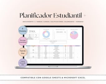 May include: A laptop screen displays a digital planner with the text "Planificador Estudiantil +" and "Compatible con Google Sheets & Microsoft Excel." The planner includes charts, tables, and the word "Enero."