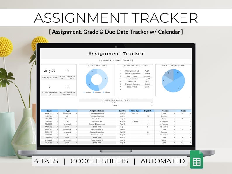 Assignment Tracker Spreadsheet, Google Sheets Template, Homework ...