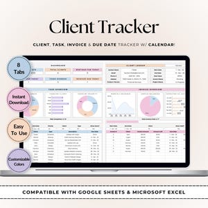 Könnte beinhalten: Ein Laptop-Computer zeigt eine Tabellenkalkulation mit einer Client-Tracker-Vorlage an. Die Tabellenkalkulation hat acht Registerkarten, darunter ein Dashboard, eine Aufgabenübersicht, eine Client-Suche und eine Rechnungsübersicht. Die Tabellenkalkulation ist mit Google Sheets und Microsoft Excel kompatibel.