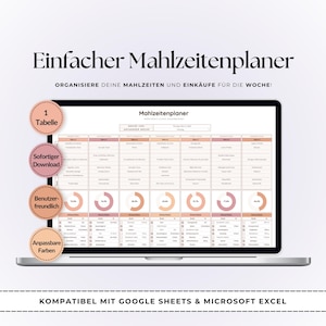 Könnte beinhalten: Ein Laptop zeigt einen Essensplaner mit dem Text "Einfacher Mahlzeitenplaner". Der Bildschirm zeigt eine Wochentabelle mit rosa und pfirsichfarbenen Abschnitten. Das Bild enthält Etiketten wie "1 Tabelle" und "Sofortiger Download". Kompatibel mit Google Sheets & Microsoft Excel.