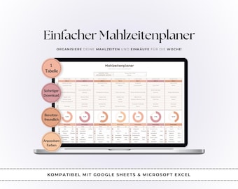 Einfacher Essensplaner | Meal Prep & Einkaufsliste Vorlage | Digitale Planung für Excel und Google Sheets