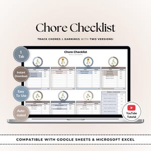 May include: A digital chore checklist displayed on a laptop screen, featuring daily task columns with floral icons, checkboxes, and a weekly overview section. The interface includes text labels for days of the week and task completion tracking.