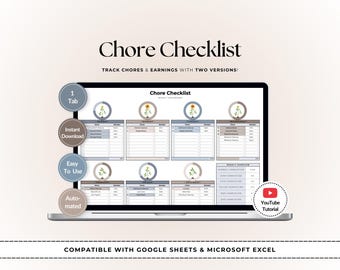 Modèle de liste de contrôle pour les tâches ménagères pour Google Sheets et Excel | Suivi des corvées et des tâches, tableau des récompenses pour les enfants, allocation et suivi des habitudes