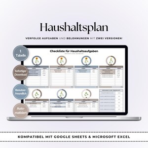 Könnte beinhalten: Ein digitaler Haushaltsplan auf einem Laptop-Bildschirm mit dem Titel Haushaltsplan, einer wöchentlichen Checkliste mit Sonnenblumen-Symbolen und einer Übersichtstabelle. Die Benutzeroberfläche enthält Textbeschriftungen und ist mit Google Sheets und Excel kompatibel.