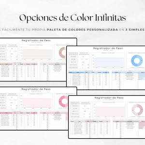 May include: Four digital weight tracker templates with different color schemes. Each template includes charts and tables for tracking weight and measurements. The text at the top says "Infinite Color Options" and "DESIGN YOUR OWN CUSTOM COLOR PALETTE IN 3 SIMPLE STEPS!"