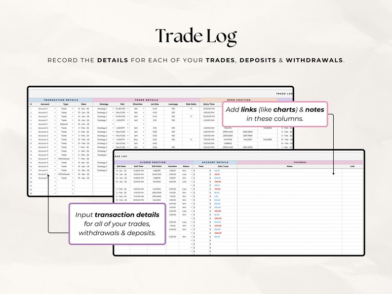 Simple Forex Trading Journal Google Sheets | Beginner Trade Tracker & Dashboard | Crypto Indices Forex Log | Digital Download image 3