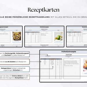K&ouml;nnte beinhalten: Eine digitale Rezeptkarten-Vorlage mit dem Titel "Rezeptkarten". Die Vorlage enth&auml;lt Abschnitte f&uuml;r verschiedene Mahlzeitenarten mit Platz f&uuml;r Details wie Zutaten, Zubereitungszeit und Bilder. Das Bild zeigt French Toast.
