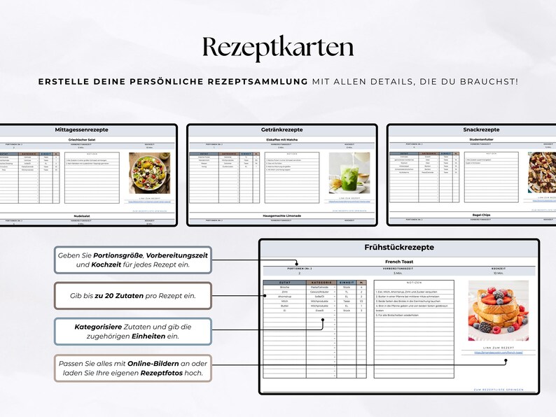 K&ouml;nnte beinhalten: Eine digitale Rezeptkarten-Vorlage mit dem Titel "Rezeptkarten". Die Vorlage enth&auml;lt Abschnitte f&uuml;r verschiedene Mahlzeitenarten mit Platz f&uuml;r Details wie Zutaten, Zubereitungszeit und Bilder. Das Bild zeigt French Toast.