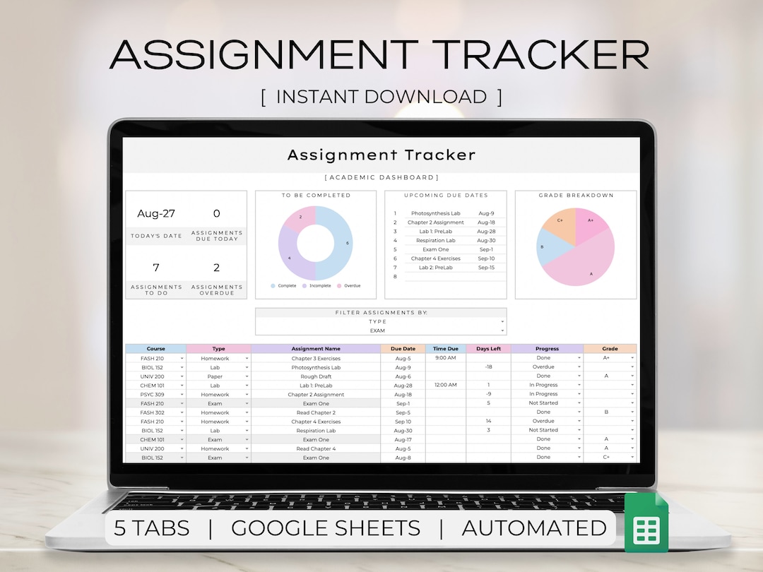 Assignment Tracker Spreadsheet, Google Sheets Template, Homework ...