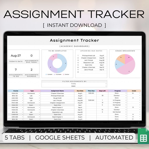 Assignment Tracker Spreadsheet, Google Sheets Template, Homework Tracker, Student Planner