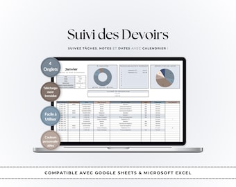 Model de Suivi de Devoirs | Planificateur Scolaire Excel & Google Sheets | Organisation Digitale des Cours