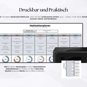 May include: A black printer next to a printed meal plan and a digital meal plan on a white background. The meal plan is organized by day and includes a pie chart. Text at the top says "Druckbar und Praktisch".