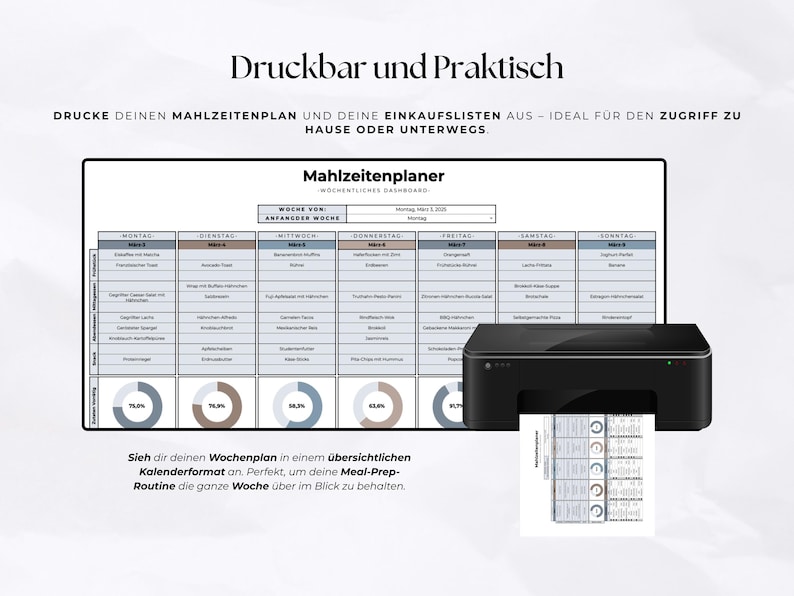 May include: A black printer next to a printed meal plan and a digital meal plan on a white background. The meal plan is organized by day and includes a pie chart. Text at the top says "Druckbar und Praktisch".