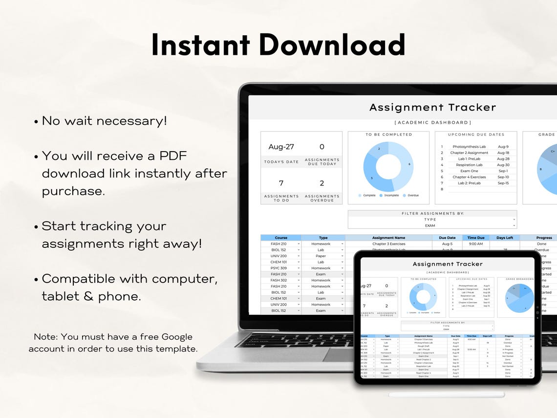 Assignment Tracker Spreadsheet, Google Sheets Template, Homework ...