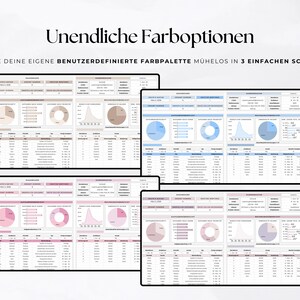 May include: A digital dashboard template featuring four variations in different color schemes including beige, blue, pink, and purple. The text reads Unendliche Farboptionen and GESTALTE DEINE EIGENE BENUTZERDEFINIERTE FARBPALETTE M&Uuml;HELOS IN 3 EINFACHEN SCHRITTEN. Each dashboard displays data charts, tables, and metrics.