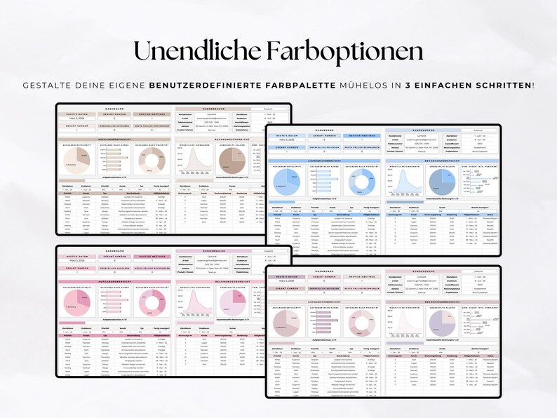 May include: A digital dashboard template featuring four variations in different color schemes including beige, blue, pink, and purple. The text reads Unendliche Farboptionen and GESTALTE DEINE EIGENE BENUTZERDEFINIERTE FARBPALETTE M&Uuml;HELOS IN 3 EINFACHEN SCHRITTEN. Each dashboard displays data charts, tables, and metrics.