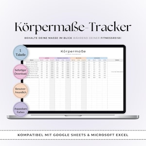 Könnte beinhalten: Ein Laptop zeigt eine Tabelle mit dem Titel "Körpermaße" (Körpermaße) mit Spalten zur Verfolgung von Körpermaßen. Das Bild enthält deutschen Text: "Körpermaße-Tracker" und "BEHALTE DEINE MASSE IM BLICK WÄHREND DEINER FITNESSREISE!" (Behalten Sie Ihre Maße während Ihrer Fitnessreise im Blick!).