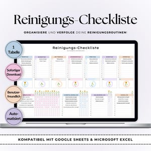 Puede incluir: Una computadora portátil muestra una lista de verificación de limpieza digital titulada "Reinigungs-Checkliste". La lista de verificación está organizada por día, con secciones para tareas. La imagen incluye el texto "¡Organiza y realiza un seguimiento de tus rutinas de limpieza!" y "Compatible con Google Sheets & Microsoft Excel".