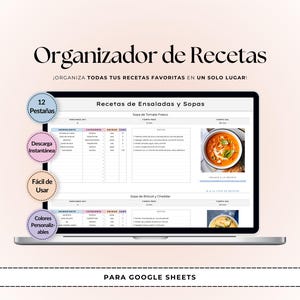 May include: A laptop screen displays a recipe organizer titled "Recipe Organizer" in Spanish. The screen shows a recipe for tomato soup with a photo. Features include 12 tabs, instant download, easy to use, and customizable colors.