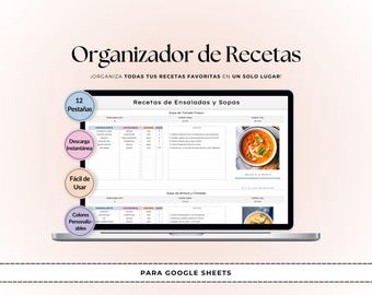 Organizador de Recetas Digital | Google Sheets Planificador de Comidas | Plantilla de Seguimiento de Recetas | Diario de Cocina | Recetario