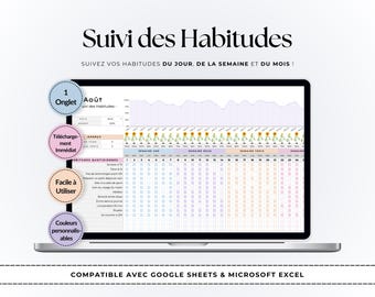 Modell Suivi Habitudes | Google Kalkylark och Excel | Objectifs Journaliers et Mensuels | Planificateur Productif | Telechargement Digital