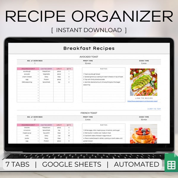 Recipe Organizer, Google Sheets, Recipe Log, Digital Recipe Book