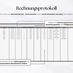 May include: A digital invoice tracking spreadsheet titled Rechnungsprotokoll. The table includes columns for invoice numbers, customer names, dates, amounts, payment status, and notes. Text boxes highlight features for tracking payment data.