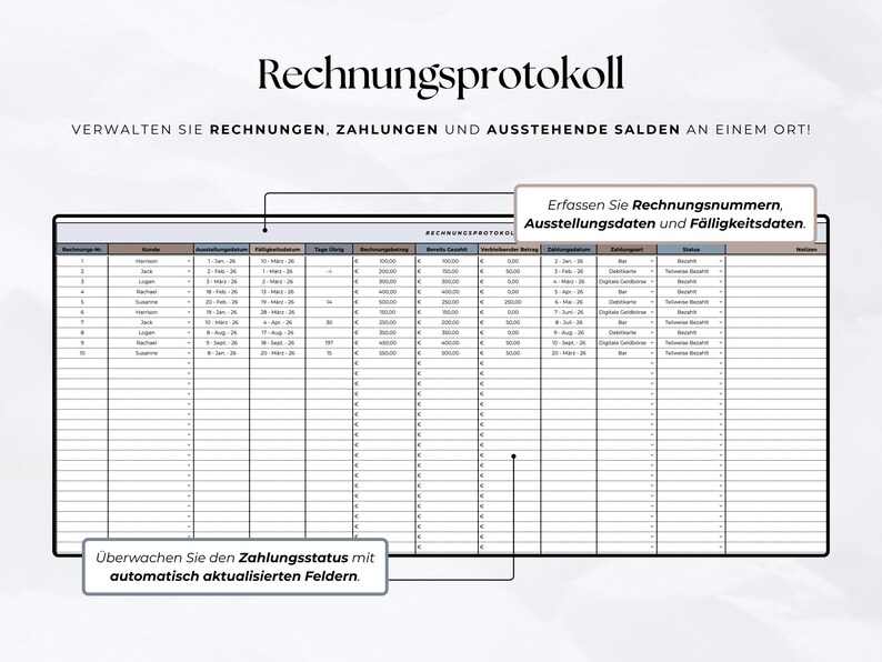 May include: A digital invoice tracking spreadsheet titled Rechnungsprotokoll. The table includes columns for invoice numbers, customer names, dates, amounts, payment status, and notes. Text boxes highlight features for tracking payment data.