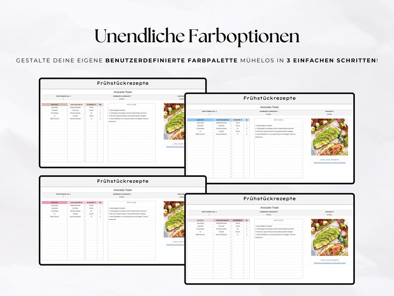 K&ouml;nnte beinhalten: Vier digitale Rezeptvorlagen mit dem Text "Fr&uuml;hst&uuml;ckrezepte" und "Avocado Toast". Jede Vorlage hat ein anderes Farbschema, mit dem Text "Unendliche Farboptionen" dar&uuml;ber. Der Text "GESTALTE DEINE EIGENE BENUTZERDEFINIERTE FARBPALETTE M&Uuml;HELOS IN 3 EINFACHEN SCHRITTEN!" ist ebenfalls sichtbar.