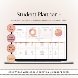 Peut inclure: Un écran d'ordinateur portable affichant un modèle de planificateur étudiant avec le texte "Student Planner +" et "Assignment, Course & GPA Tracker, Calendar, Schedule & More!". Comprend 8 onglets, téléchargement instantané et couleurs personnalisables.