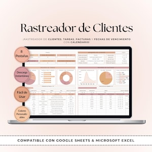 Op de afbeelding: Een digitaal klantvolgsysteem in een spreadsheet op een laptopscherm, met grafieken, tabellen en gegevensvelden voor taken, facturen en deadlines. De interface gebruikt een kleurenpalet van zacht perzik en wit met Spaanstalige tekst.