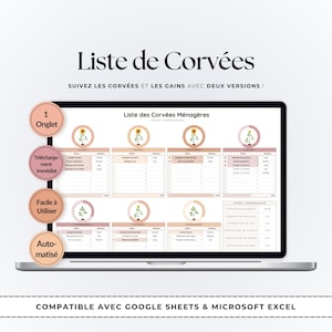 May include: A laptop screen displaying a digital chore tracker template titled Liste des Corvées Ménagères. The interface features weekly task columns with floral icons, progress tracking sections, and four circular badges highlighting features.