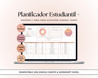 May include: A laptop screen displays a student planner with the title "Planificador Estudiantil +" and the text "¡SEGUIMIENTO DE TAREAS, CURSOS, CALIFICACIONES, CALENDARIO Y HORARIO!". The screen shows charts and tables. The planner is compatible with Google Sheets & Microsoft Excel.