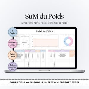 Puede incluir: Una computadora portátil muestra una hoja de cálculo de seguimiento de peso con gráficos y tablas de datos. La pantalla muestra el texto "Suivi du Poids" y "Suivez votre perte, prise ou maintien de poids!" con las palabras "Compatible avec Google Sheets & Microsoft Excel".