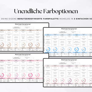 Puede incluir: Cuatro dise&ntilde;os de planificadores de comidas en beige, azul, rosa y morado. Cada planificador presenta un dise&ntilde;o semanal con secciones para comidas y porcentajes. El texto superior dice "Unendliche Farboptionen" y "GESTALTE..."