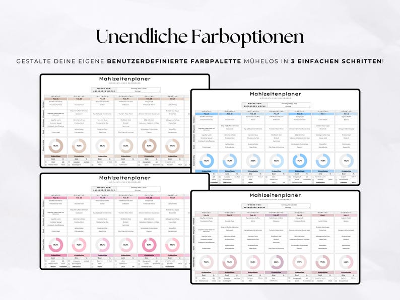 Puede incluir: Cuatro dise&ntilde;os de planificadores de comidas en beige, azul, rosa y morado. Cada planificador presenta un dise&ntilde;o semanal con secciones para comidas y porcentajes. El texto superior dice "Unendliche Farboptionen" y "GESTALTE..."