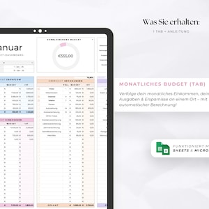 Puede incluir: Un panel de control de presupuesto digital que se muestra en una tableta. La pantalla muestra una descripci&oacute;n general financiera detallada con categor&iacute;as de ingresos, gastos y flujo de caja. La interfaz est&aacute; organizada con secciones codificadas por colores y texto en alem&aacute;n.