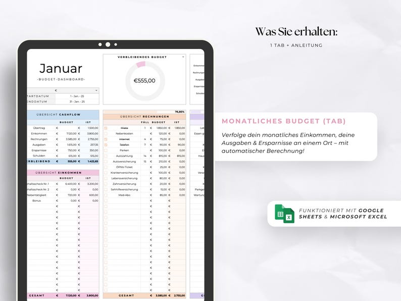 Puede incluir: Un panel de control de presupuesto digital que se muestra en una tableta. La pantalla muestra una descripci&oacute;n general financiera detallada con categor&iacute;as de ingresos, gastos y flujo de caja. La interfaz est&aacute; organizada con secciones codificadas por colores y texto en alem&aacute;n.