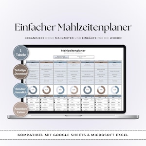 May include: A laptop screen displays a meal planner template with the text "Einfacher Mahlzeitenplaner". The template is organized in a table format with sections for each day of the week. The design includes circular progress indicators and the words "1 Tabelle", "Sofortiger Download", "Benutzerfreundlich", and "Anpassbare Farben".