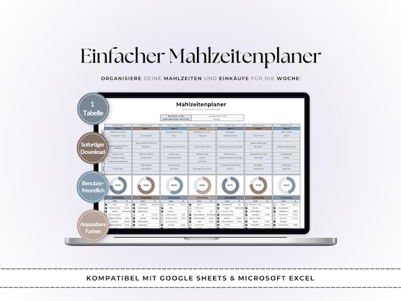 Wöchentlicher Mahlzeitenplan | Essensplanung & Einkaufsliste | Druckbare und Digitale Excel Vorlage