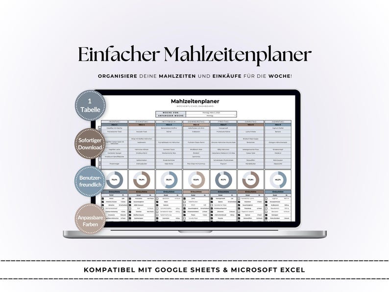 May include: A laptop screen displays a meal planner template with the text "Einfacher Mahlzeitenplaner". The template is organized in a table format with sections for each day of the week. The design includes circular progress indicators and the words "1 Tabelle", "Sofortiger Download", "Benutzerfreundlich", and "Anpassbare Farben".