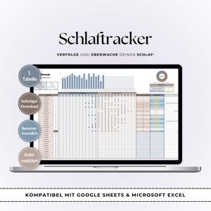 May include: A laptop screen displaying a sleep tracker spreadsheet. The screen shows a data table, charts, and graphs. Text on the screen includes "Schlaftracker" and "VERFOLGE UND ÜBERWACHE DEINEN SCHLAF!" The design includes circular icons with text.